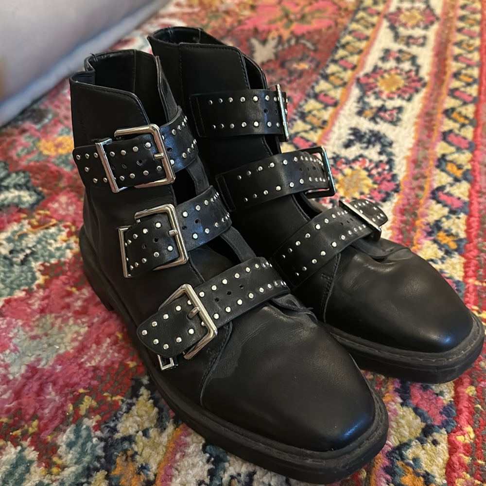 Urban Outfitters Zoe Triple Strap Buckle Ankle Boots Black Leather